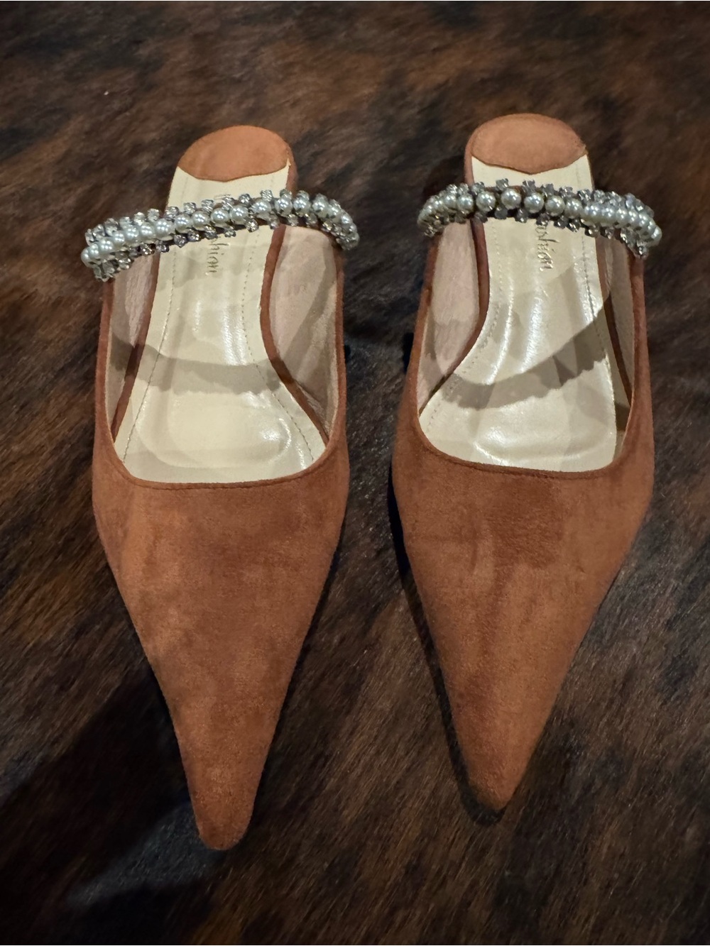 Pointed Brown Suede Slip-On Mule with Crystal Strap